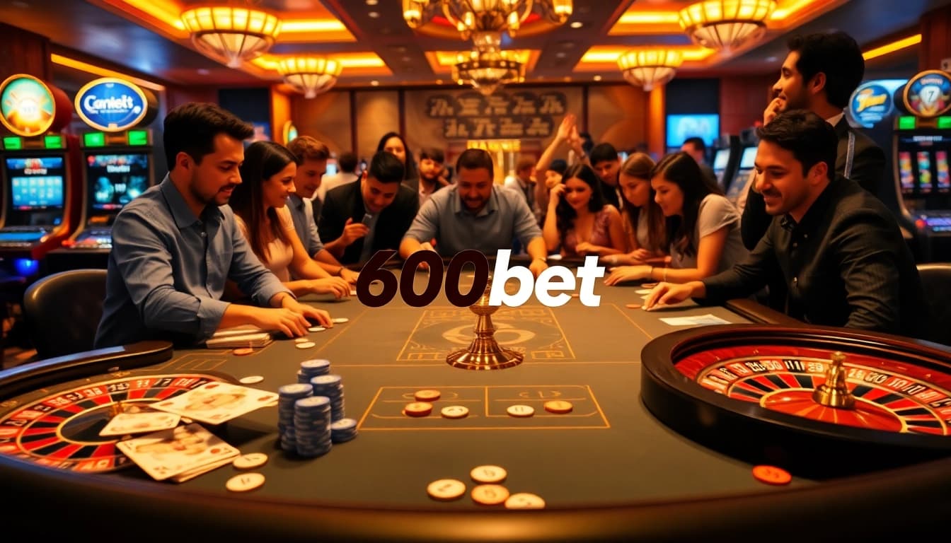 Players engaging in lively games at 600bet casino, showcasing excitement and luxury.