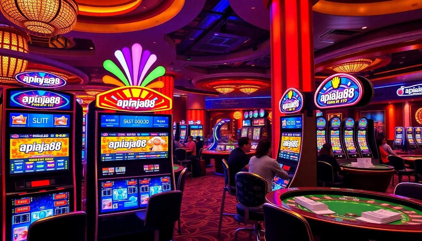 Players enjoying slot apiraja88 machines in a vibrant casino atmosphere filled with excitement.