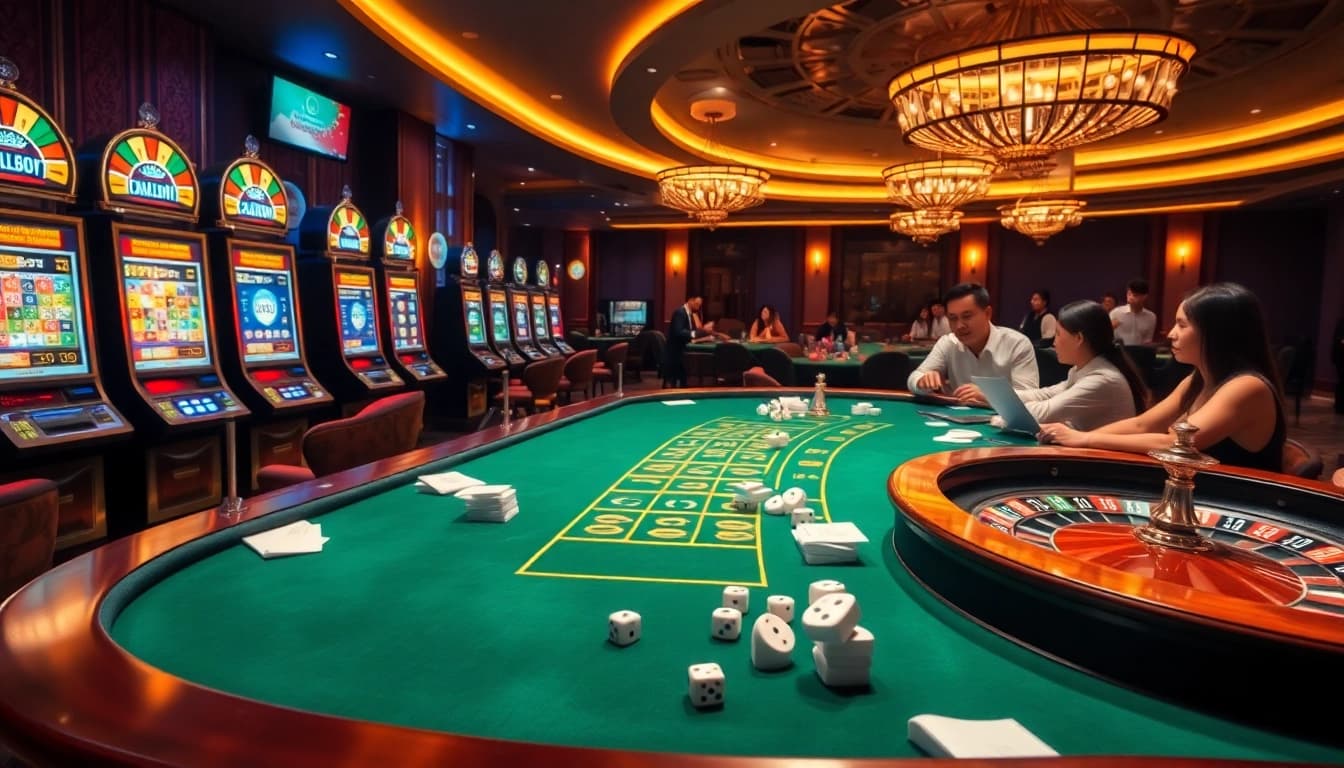 Experience the thrill of qqmacan with vibrant slot machines and a luxurious casino atmosphere.