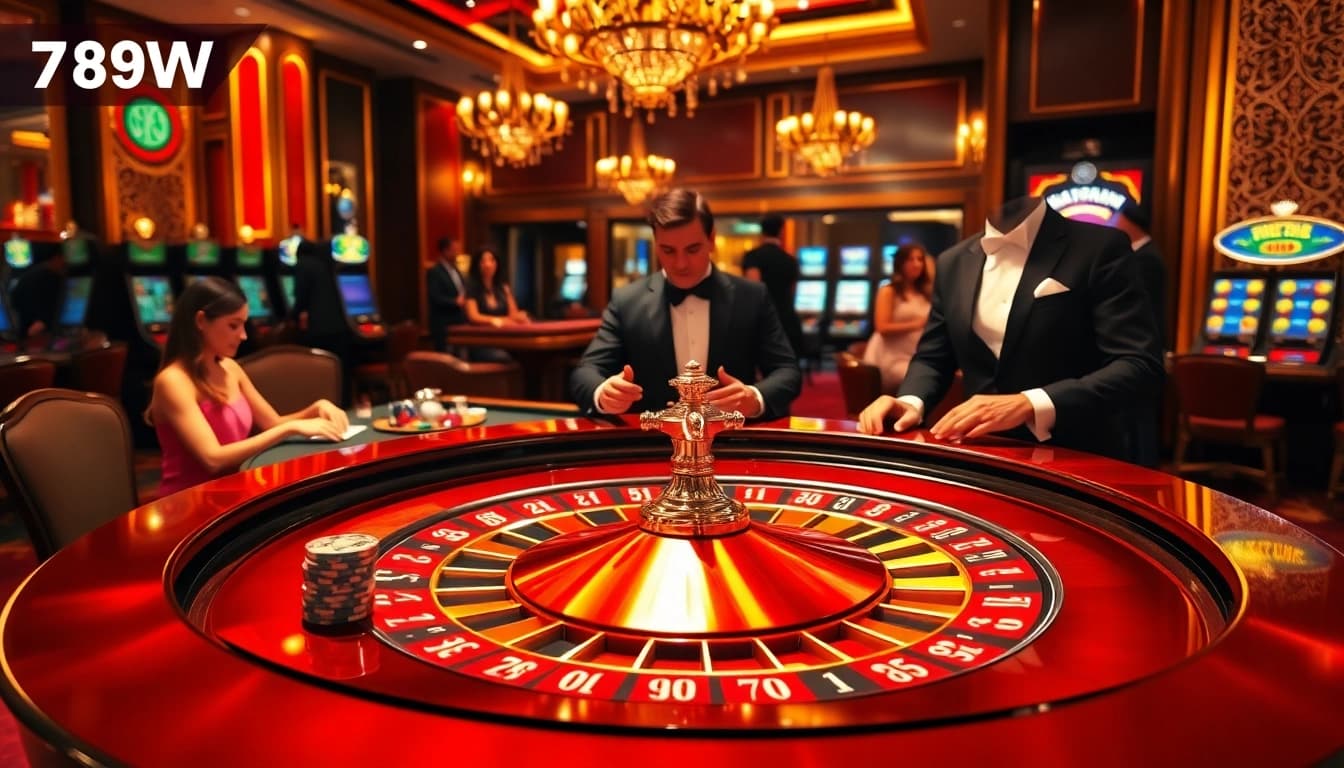 Casino scene showcasing excitement and offerings of 789wins1.net including roulette, chips, and players.