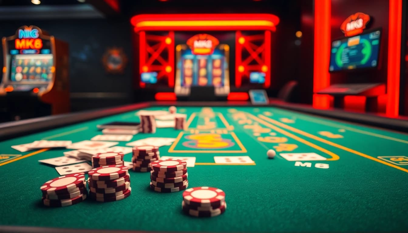 Experience excitement at MK8 casino with vibrant gambling elements like poker chips and cards.