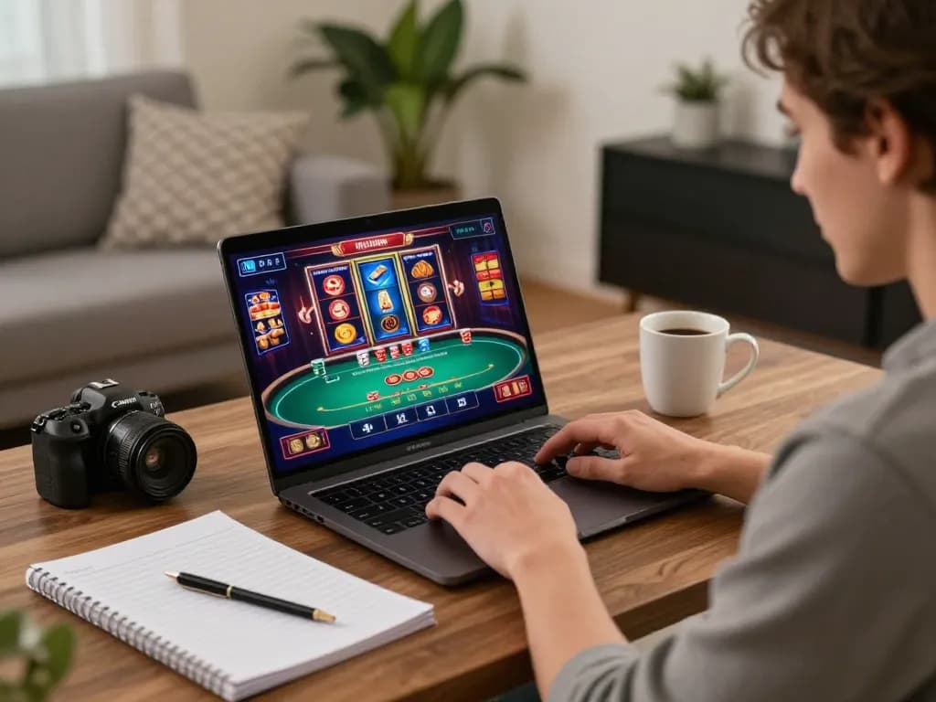 Engaging in strategic online gaming on nk88, featuring vibrant gameplay and a cozy home setup.