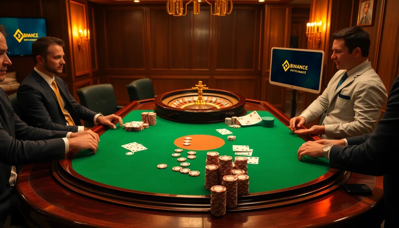 Engage in 바이낸스 회원가입 while enjoying a thrilling poker game at a luxury casino setting filled with vibrant poker chips and cards.