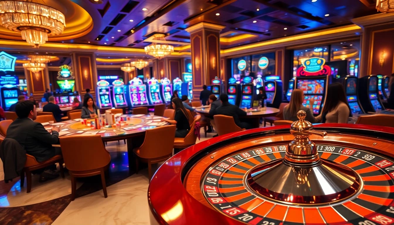 Players enjoying a thrilling experience at https://hanoiculturetravel.com/ casino tables with luxury elements.