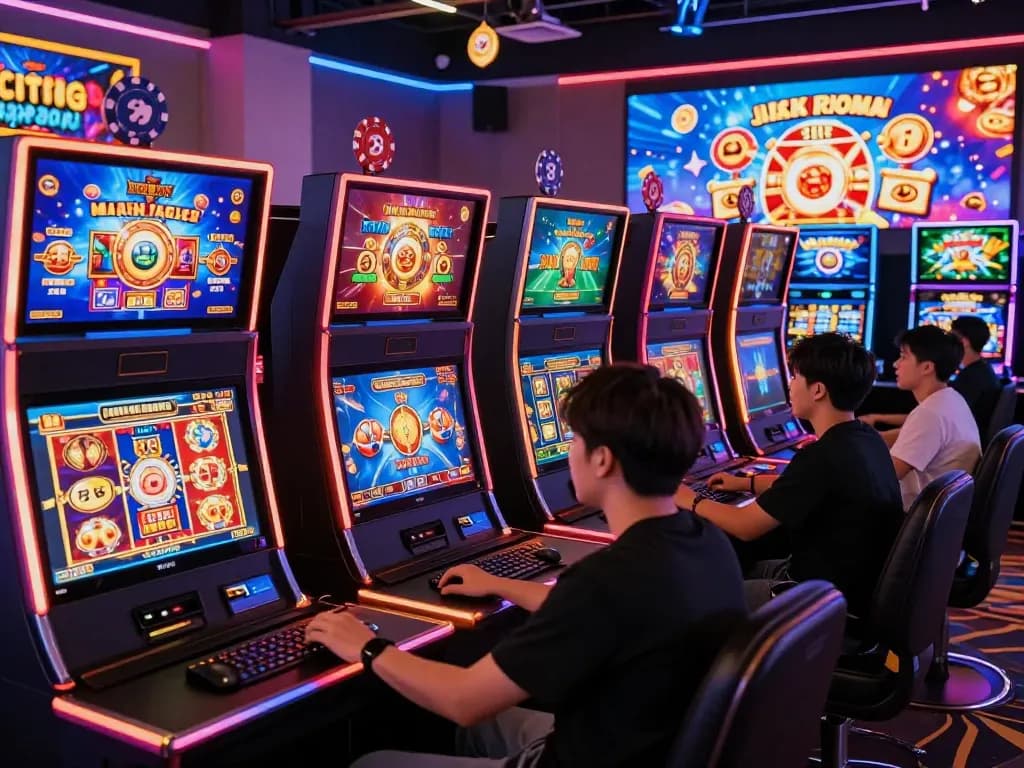 situs slot gacor pemain menikmati pengalaman permainan online yang menarik di lingkungan kasino yang dinamis penuh dengan layar berwarna-warni.