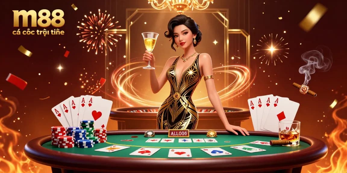 Trải nghiệm m88 cá cược trực tuyến với một người phụ nữ châu Á quyến rũ trong bối cảnh sòng bạc, thể hiện sự thanh lịch và phấn khích.