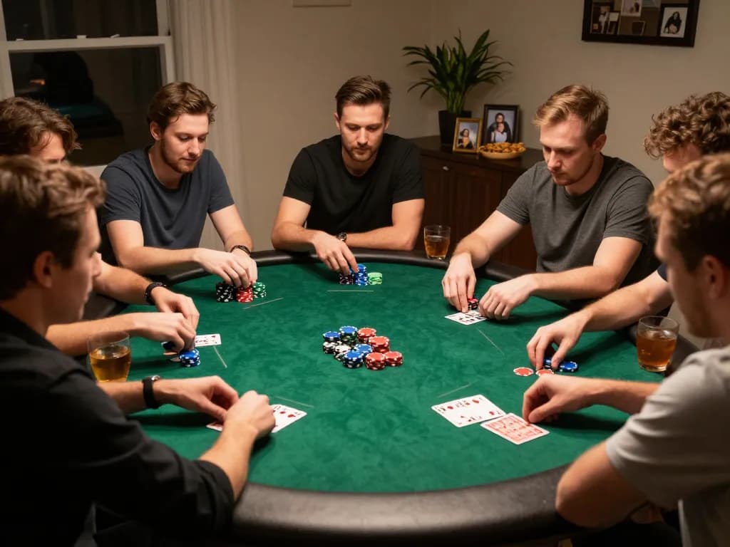 Friends enjoying home poker night while strategizing on Fokus777, creating a lively atmosphere.