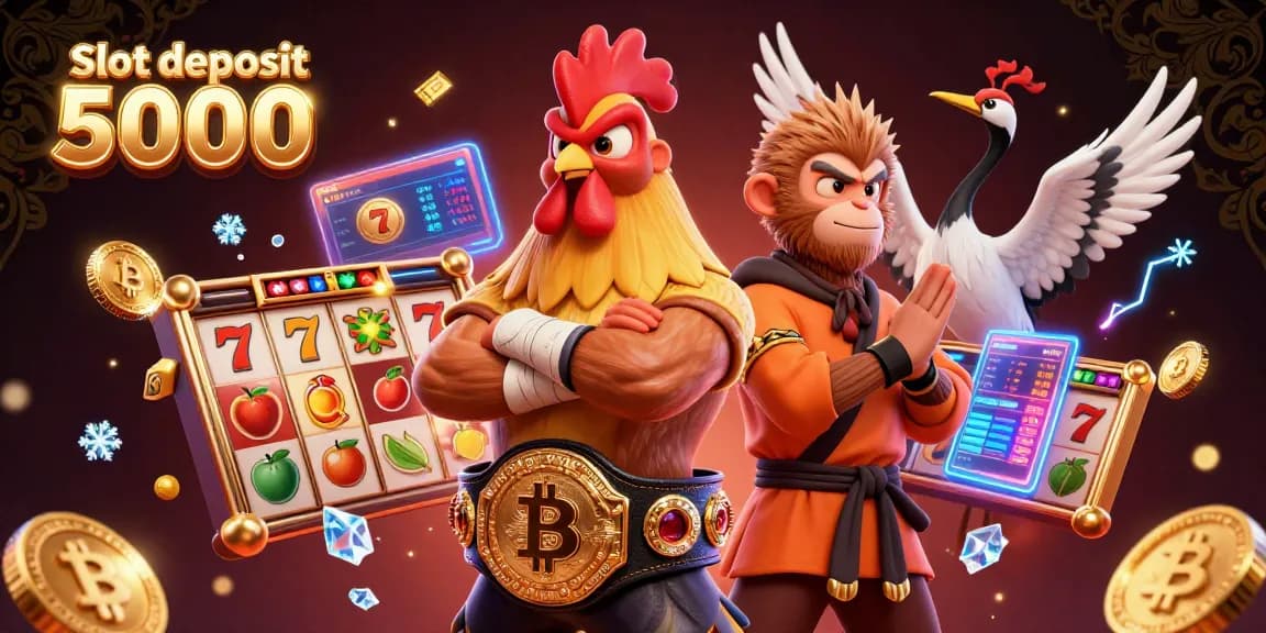 Engage with the vibrant world of Slot deposit 5000 through a dynamic gaming scene featuring animated characters and slot reels.