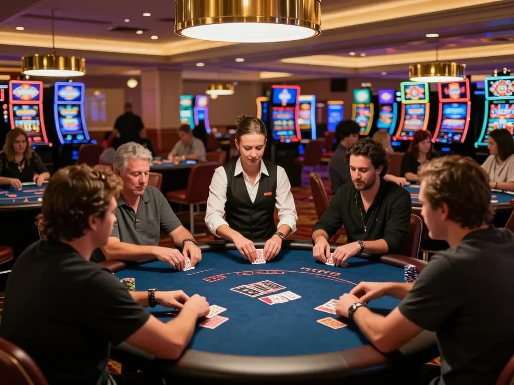 Players engaging in a strategic poker game on an upscale casino floor showcasing vibrant Q88 atmosphere.