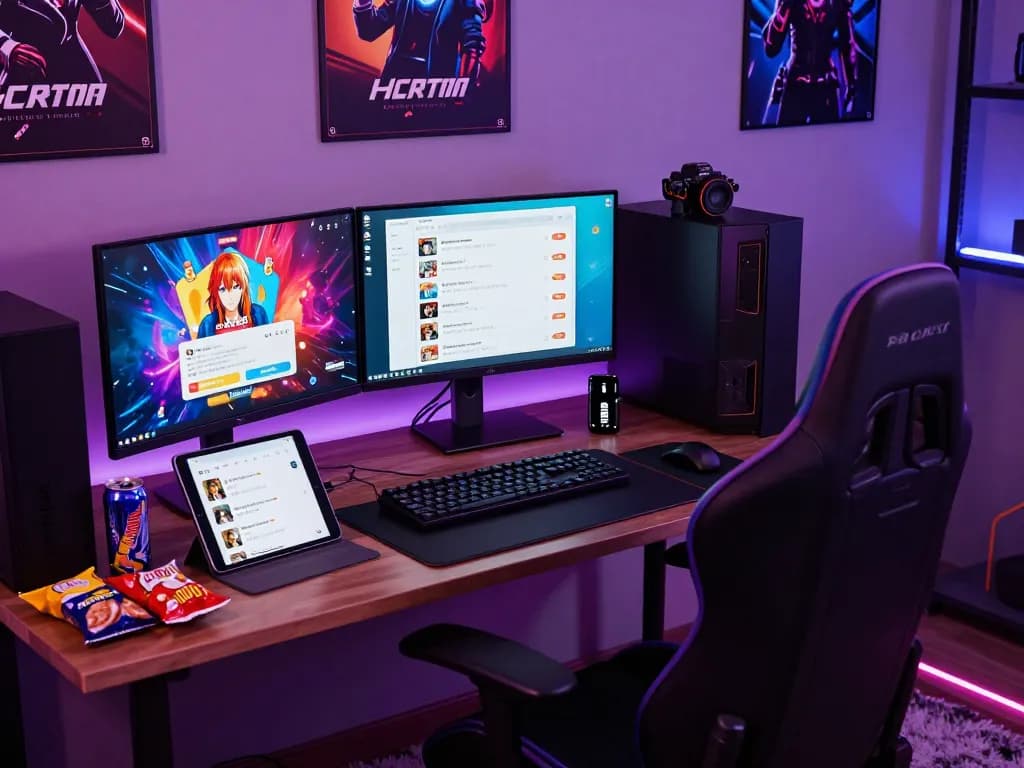 Engaging gaming setup for porngames with interactive adult visual novel displayed on multiple devices in a modern gaming room.