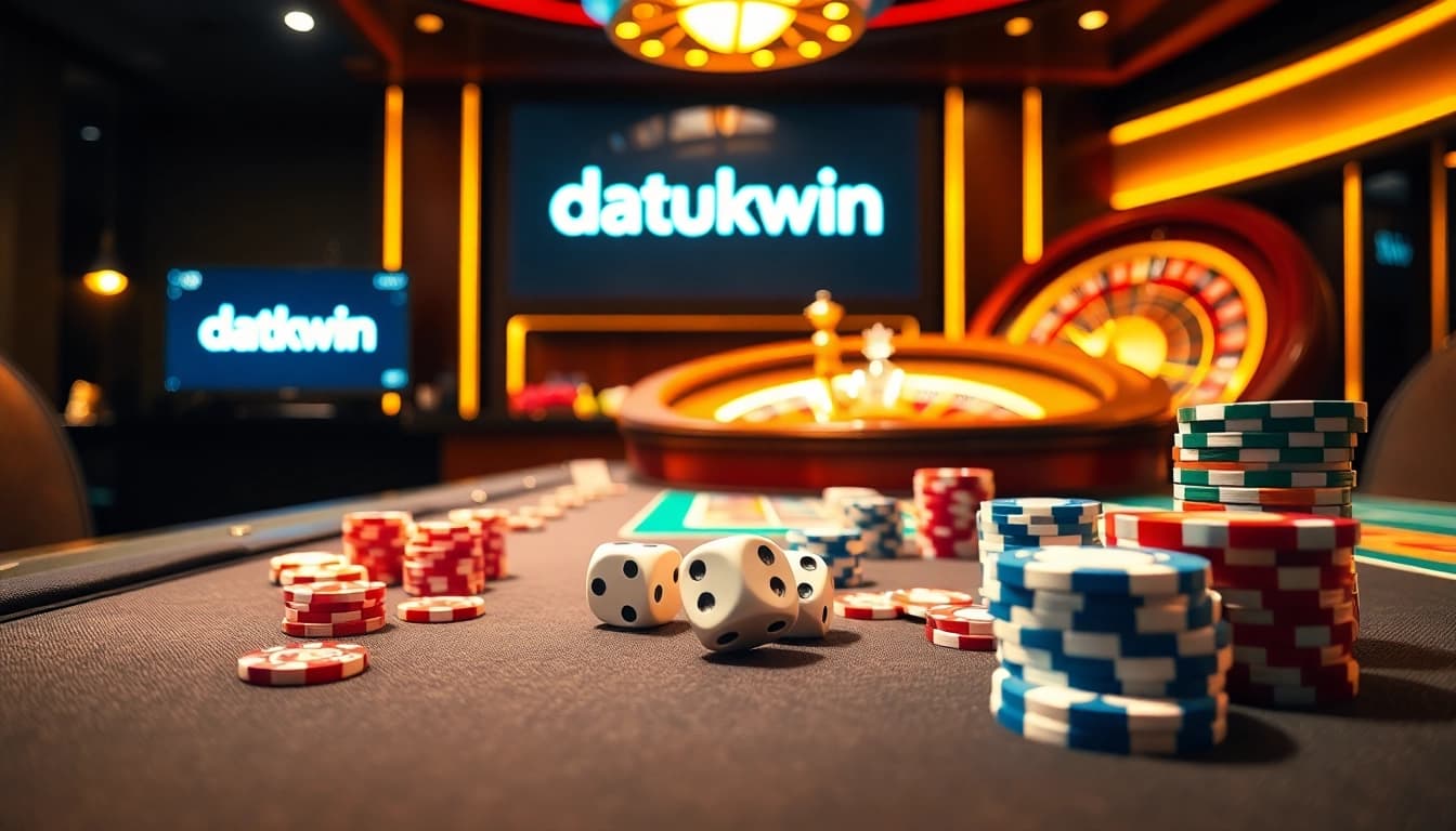 Rasakan sensasi bermain kasino dengan Datukwin di meja poker yang dinamis dengan chip dan dadu.