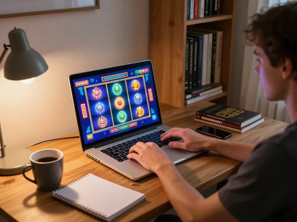 situs slot gacor - Engaging online gaming experience with a player actively participating in a vibrant slot machine game on a laptop
