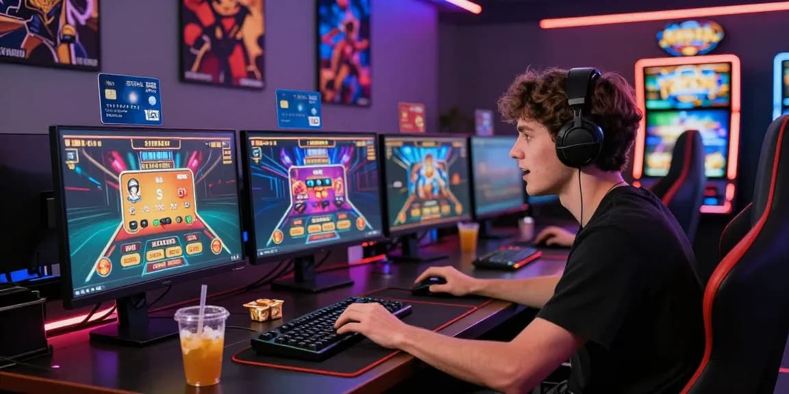 Engaged player at a gaming desk with monitors, showcasing online casinos that accept credit cards in a vibrant atmosphere.