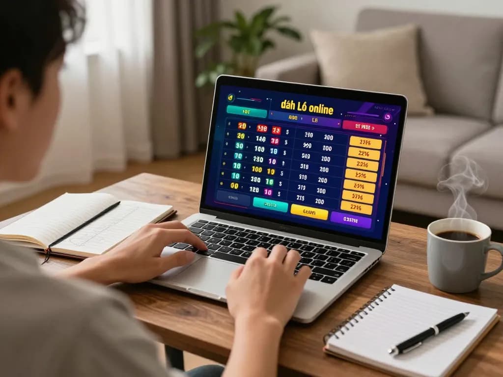 Engaging in đánh lô online from a cozy home setting, with live lottery display on laptop screen.