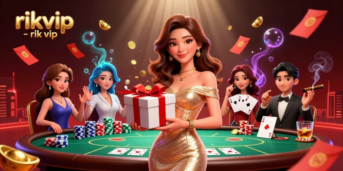Experience the excitement of rikvip - rik vip with a stunning casino-themed illustration featuring games and festive elements.