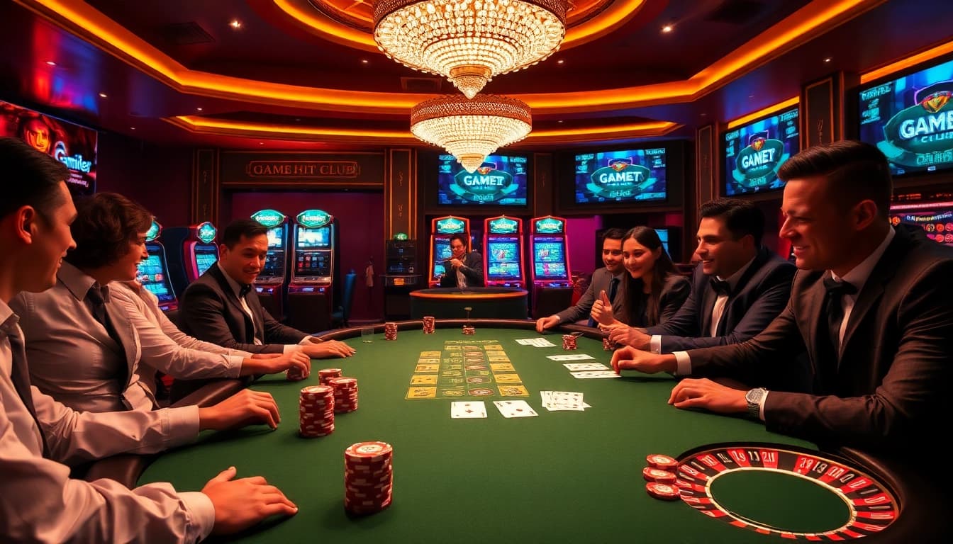 Players enjoy an exciting game at the luxurious 'Game Hit club' poker table with vibrant colorful chips.