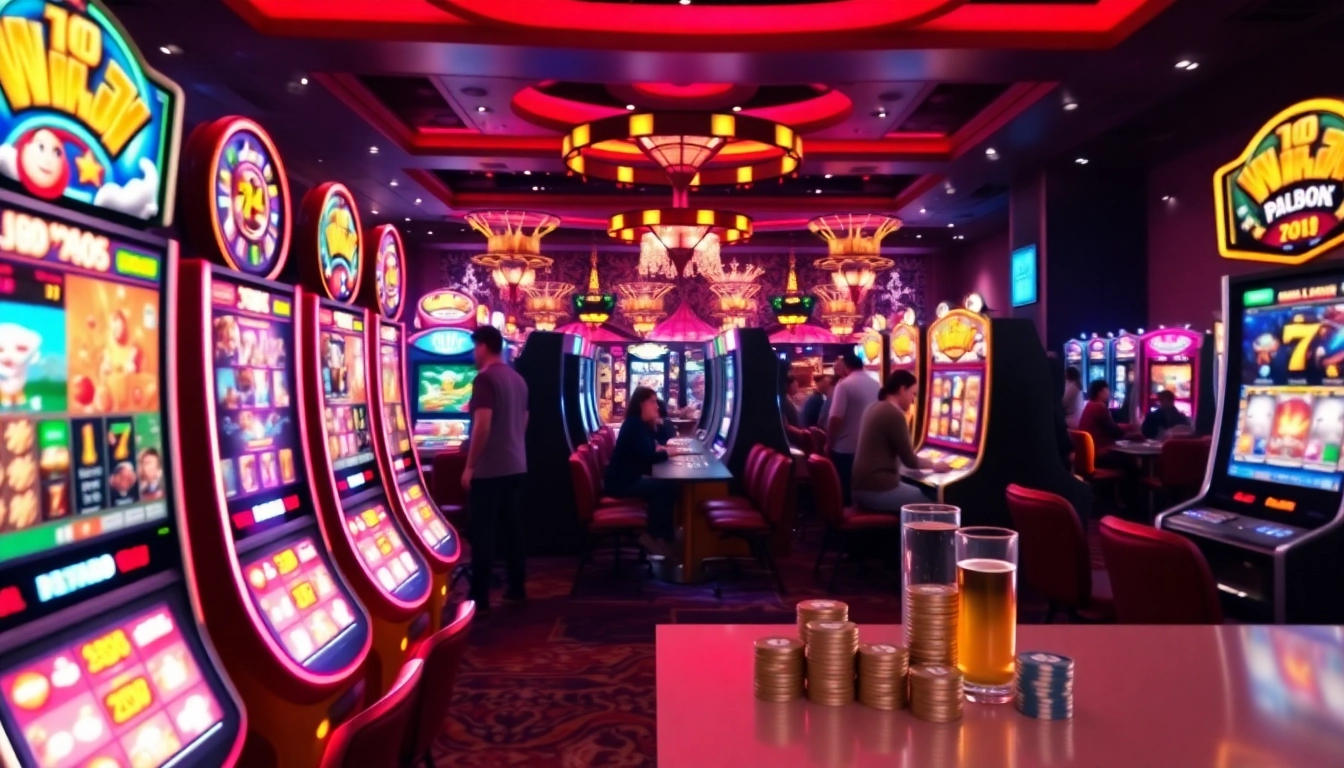 Bermain luxury777 game dalam suasana kasino yang meriah dengan mesin slot berwarna-warni.