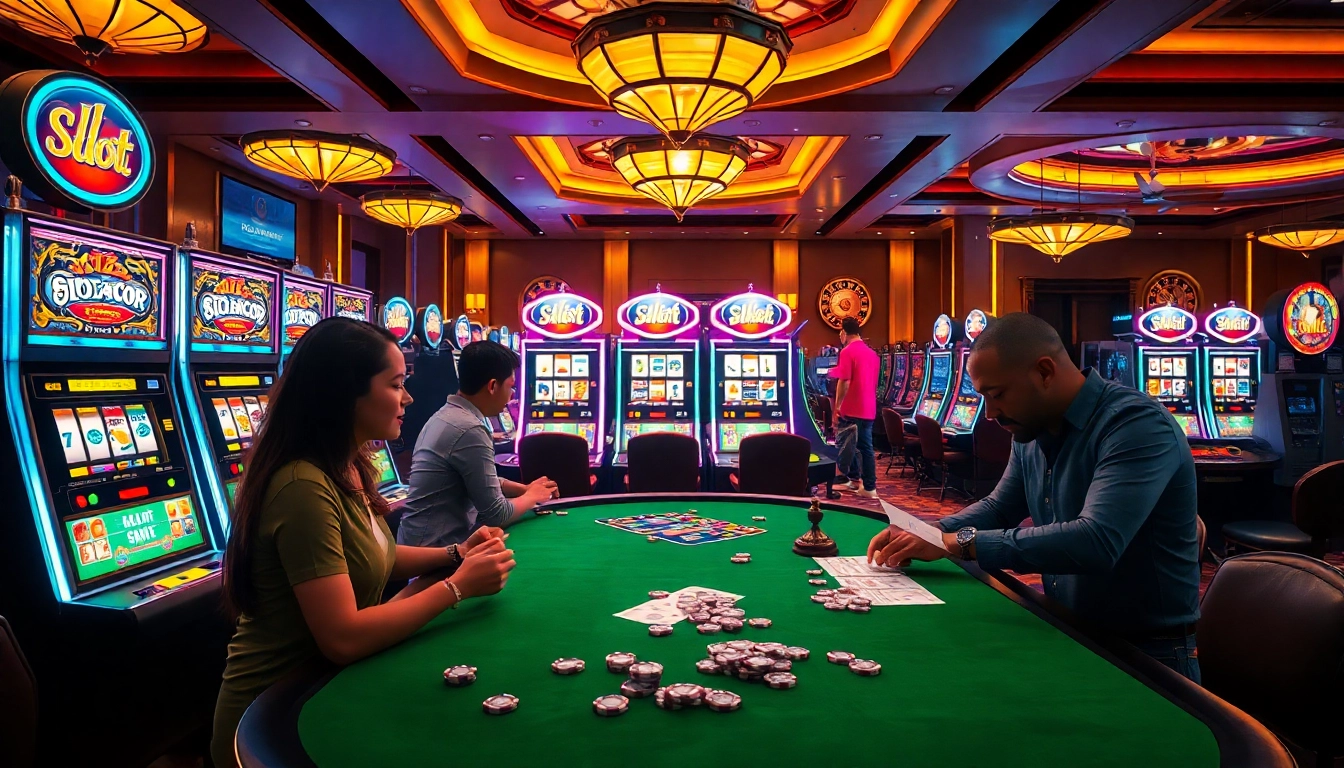 Players enjoying slot gacor machines in a lively casino atmosphere with colorful lights and excitement.