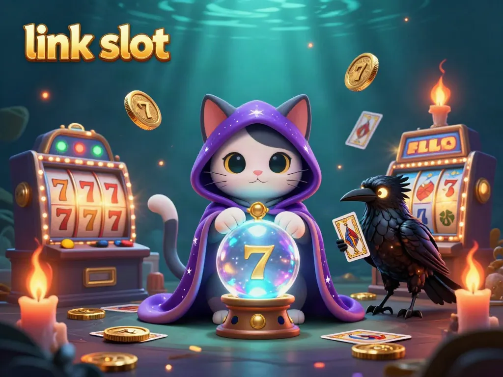 Permainan slot gacor di link slot dengan kucing pemegang bola kristal dan burung gagak, dikelilingi simbol keberuntungan.