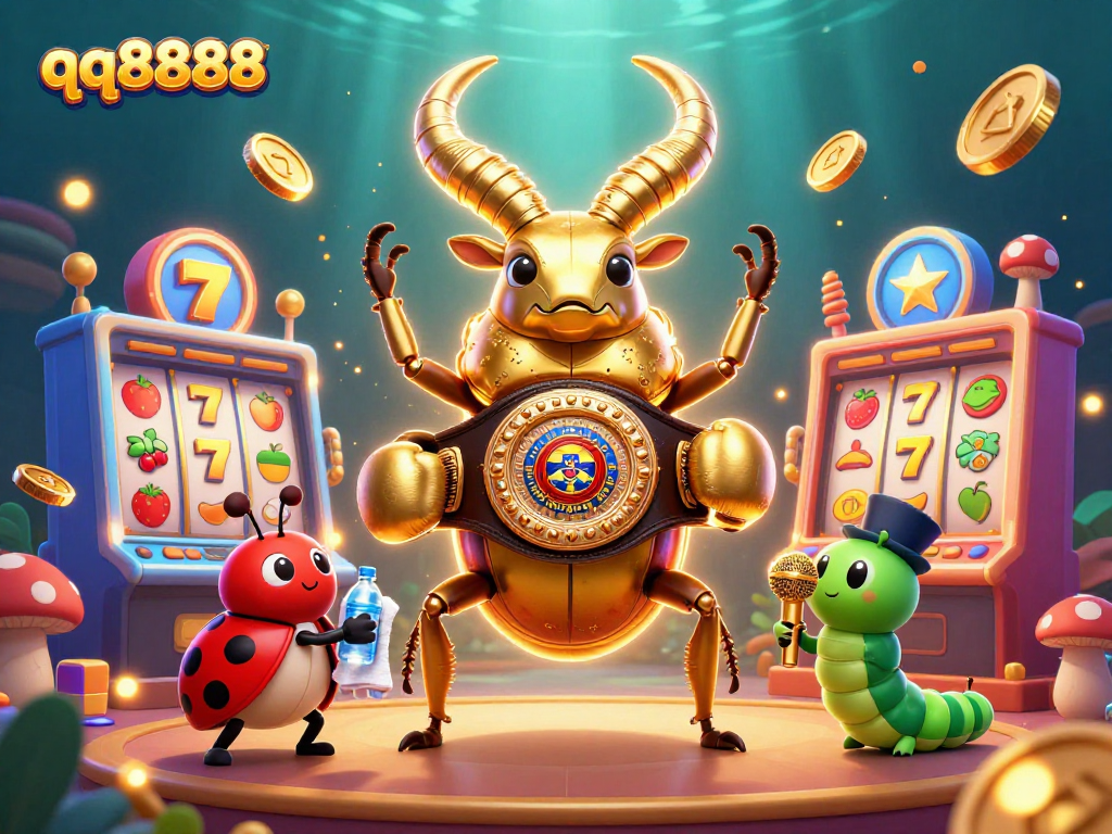 Engage with qq8888's vibrant gaming scene featuring a giant stag beetle and classic slot machines.