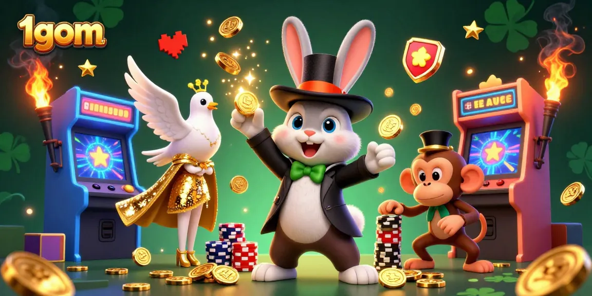 Engage with 1gom's magical gaming experience, featuring a cartoon magician rabbit and dazzling game elements.