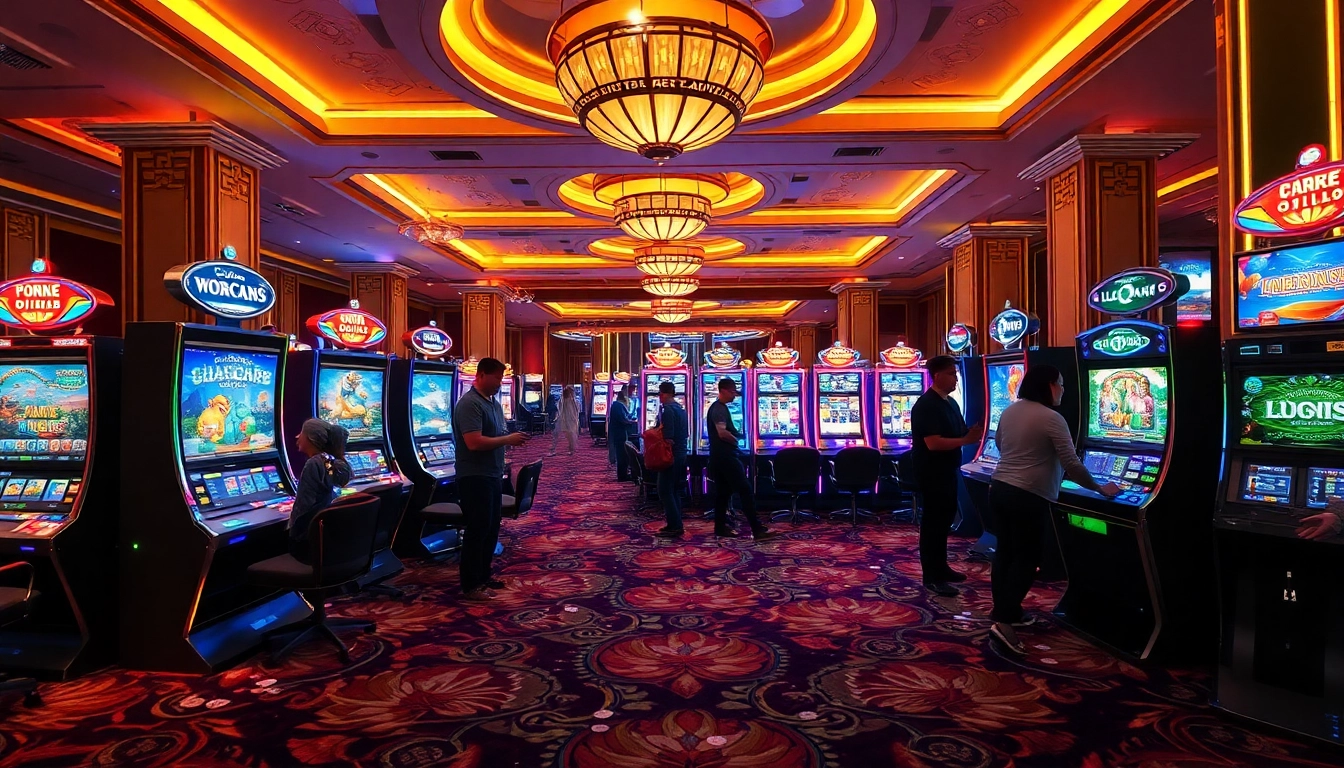 Players enjoying thrilling slot games at QQMacan's luxurious casino atmosphere.