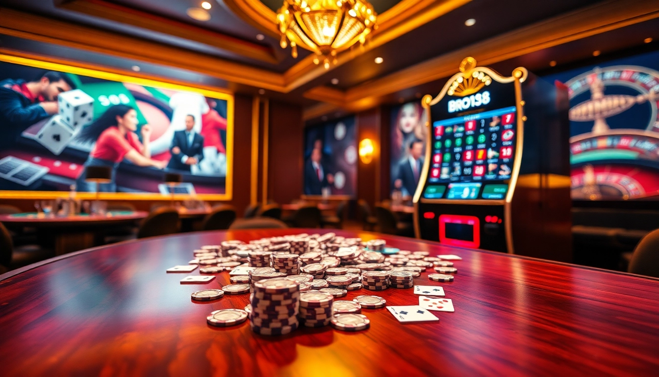 Experience the thrill of Bro138 at a luxurious casino with vibrant slot machines and poker tables.