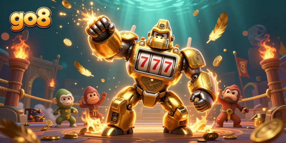 Engage with go8's dynamic gaming experience featuring the golden gorilla mech and slot elements.