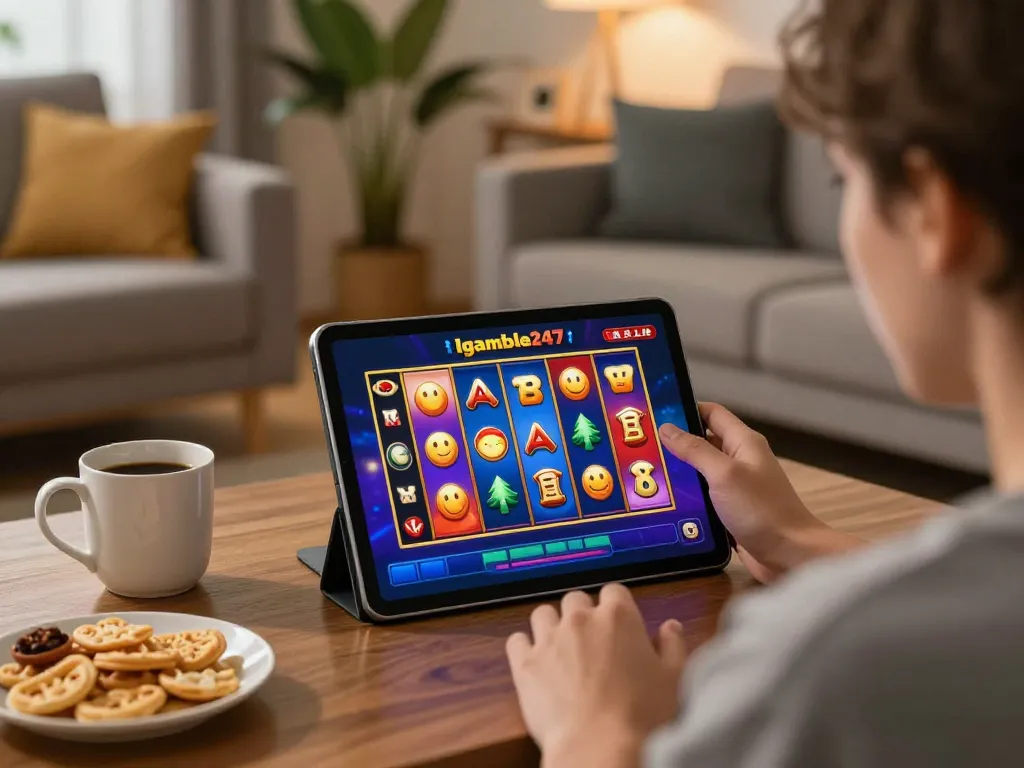 Igamble247 Slot gameplay displayed on a tablet in a cozy home setting