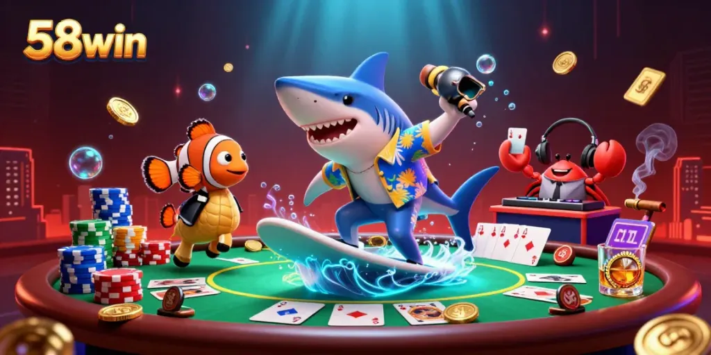 Experience the excitement of 58win with a lively underwater scene featuring a shark, seahorse, and crab at a poker table.