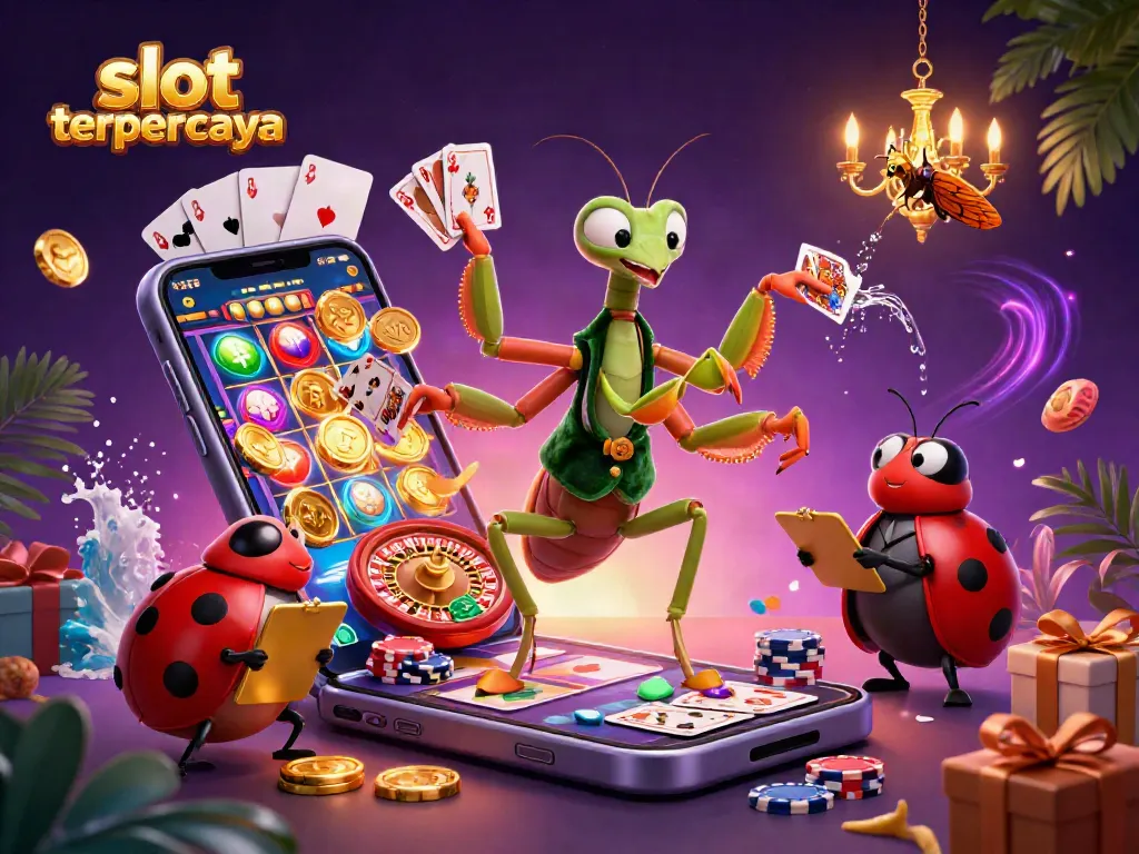 Slot terpercaya menampilkan ilustrasi karakter kasino dengan elemen permainan menarik.