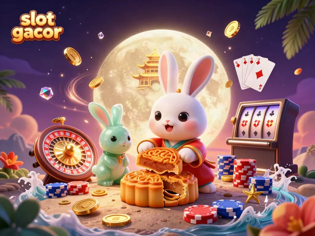 Slot gacor scene featuring a moon rabbit and poker chips on the lunar surface with dynamic gaming elements.