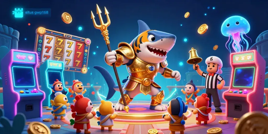 Menghadirkan situs GWP168, ilustrasi 3D karnaval dengan hiu kartun yang berani di bawah laut di kasinonya.
