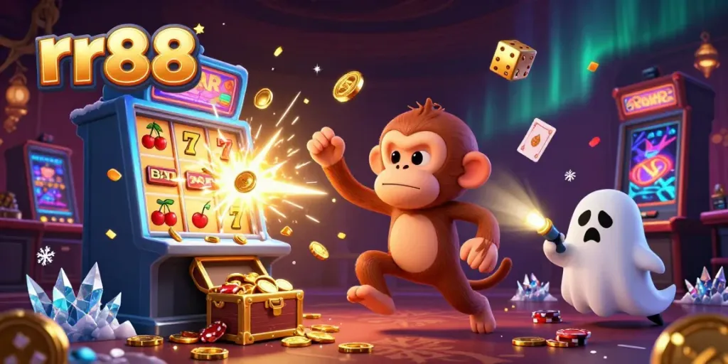 Experience the thrill of rr88 with a playful ghost and puppy in a vibrant casino scene.