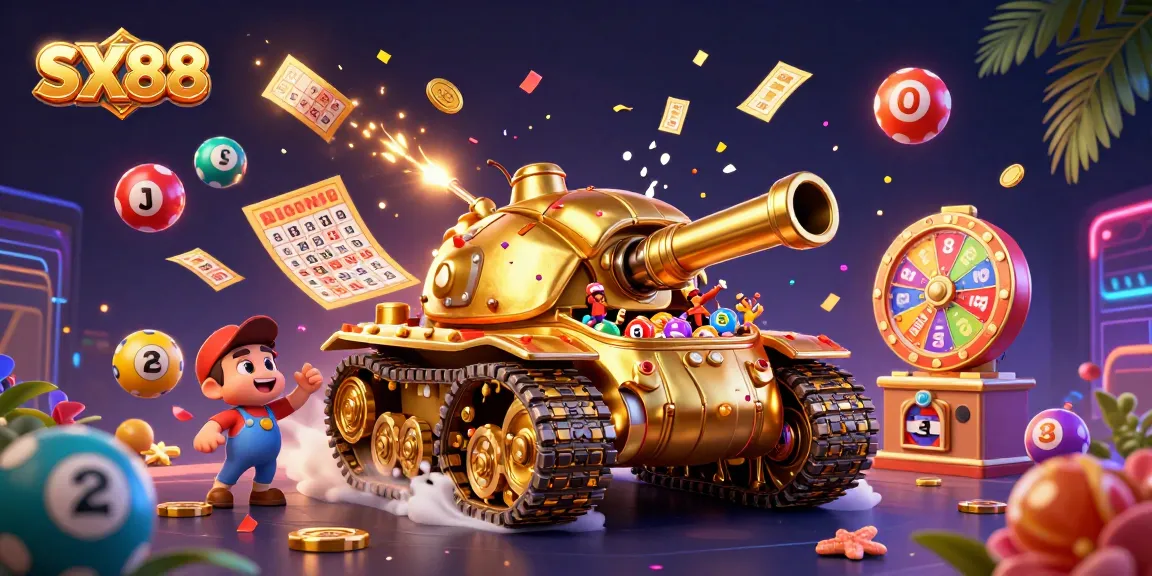 SX88 captivates players with a dynamic scene of a golden beetle tank casino bursting with exciting game elements and colorful action.