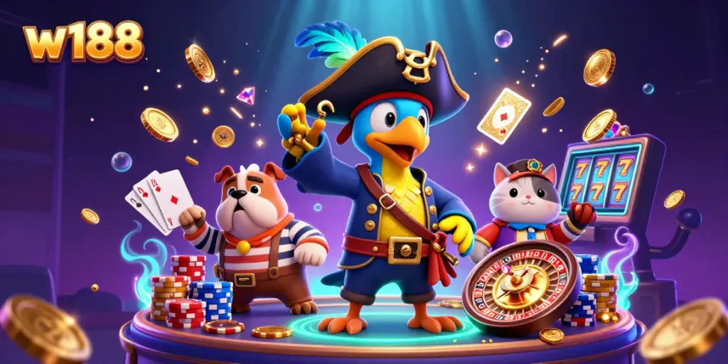 Engaging scene with w188 characters in a vibrant casino setting, showcasing dynamic gaming action.
