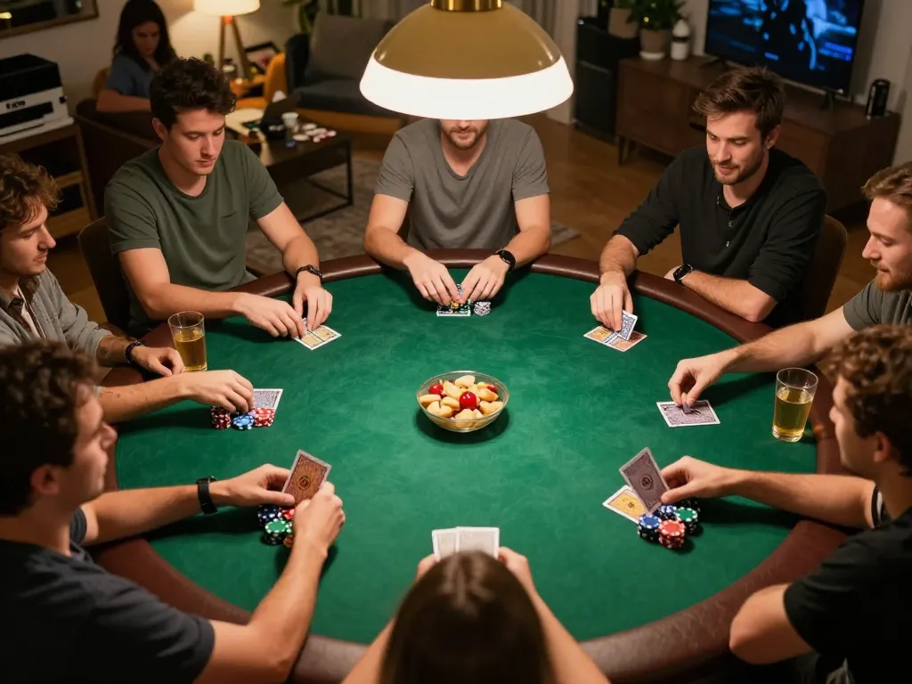 Players enjoying a lively poker game at home, showcasing a winning hand with 11win atmosphere.