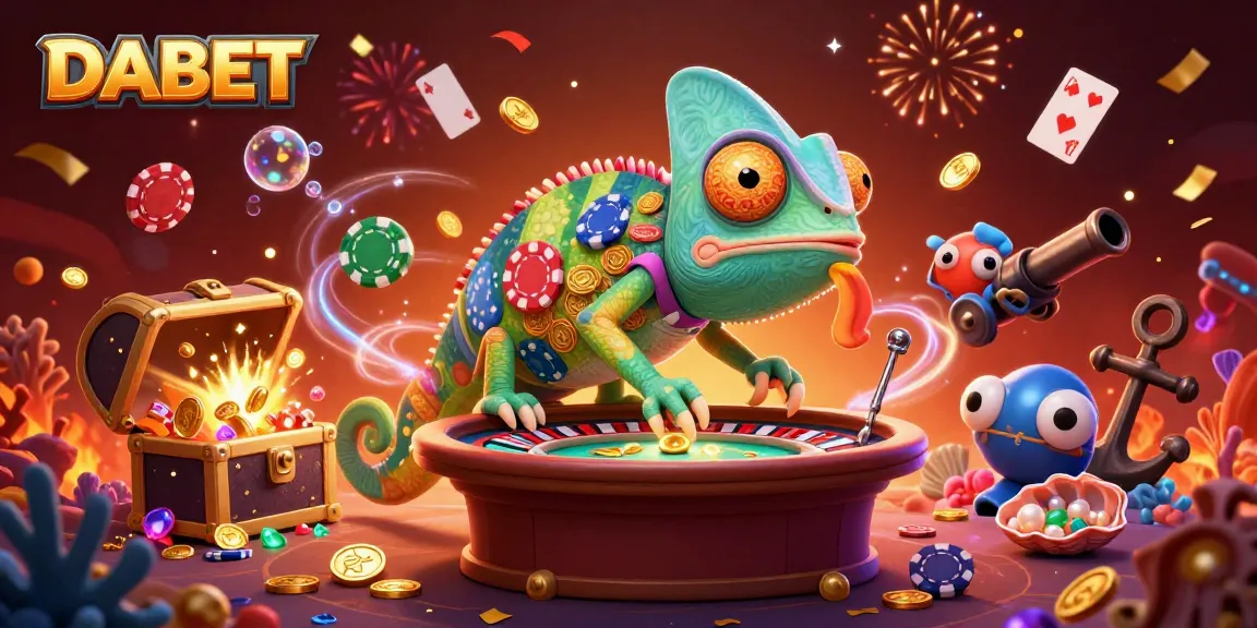 DABET casino owner chameleon catching gold coins, surrounded by vibrant casino elements.