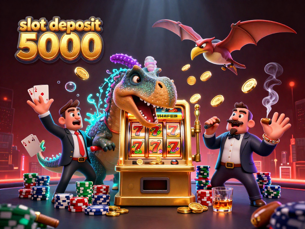 Experience thrilling slot deposit 5000 action as a dinosaur celebrates a jackpot.