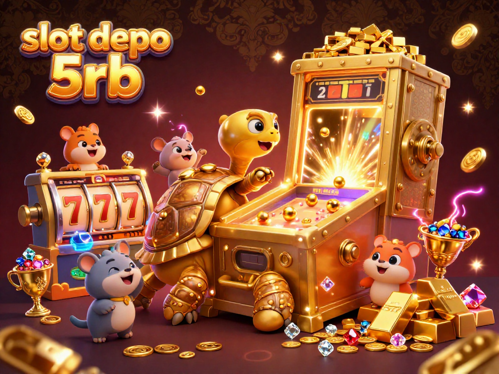 Engage with slot depo 5rb in this vibrant 3D illustration featuring a colossal tortoise pinball machine and joyful animals ready to play.