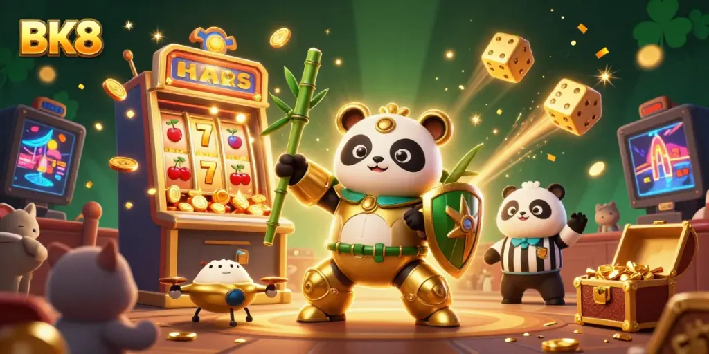 Experience the vibrant action of BK8 with a golden panda and lively casino themes in 3D.
