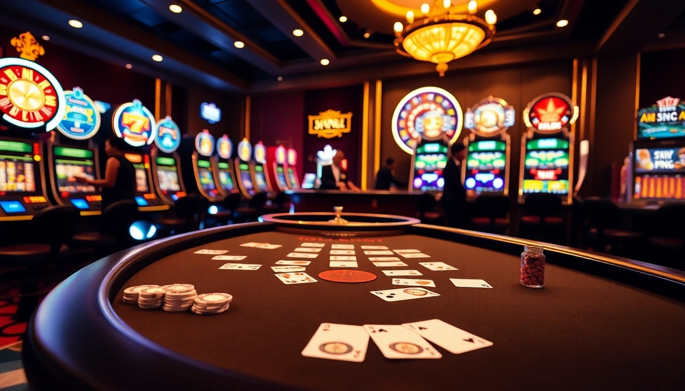 Players enjoying an exciting game at a luxury12 casino table with vibrant slot machines.