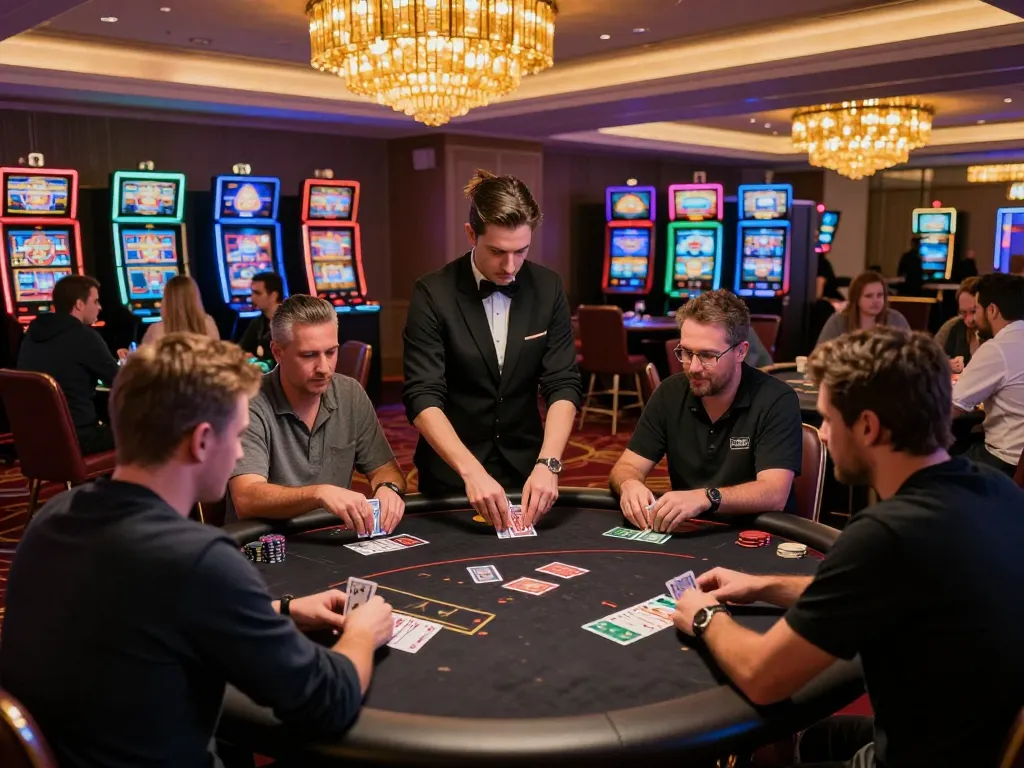 Sophisticated high-stakes poker setup showcasing players and dealer, emphasizing soi keo nha cai strategies in action