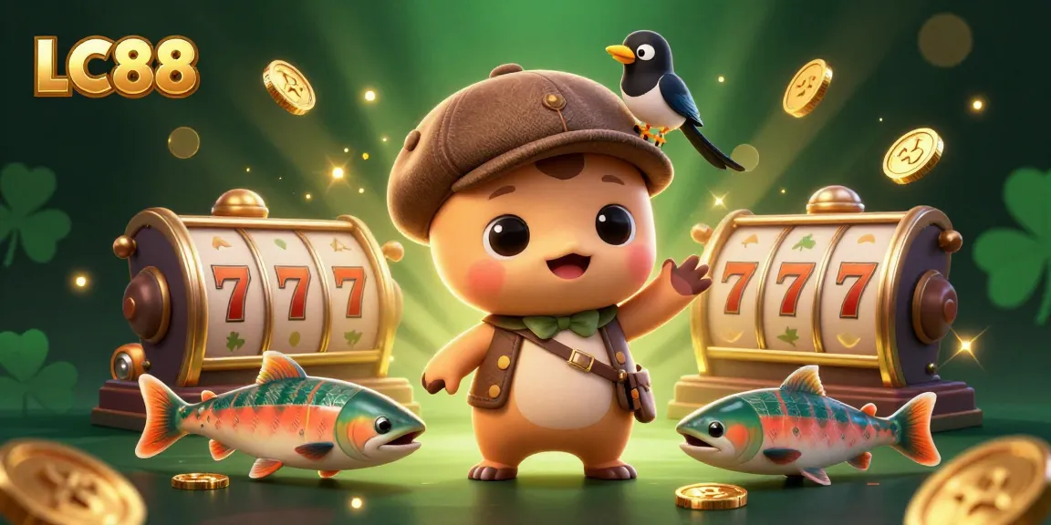 LC88 offers thrilling gaming experiences with cute Nessie and playful elements in this vibrant illustration.