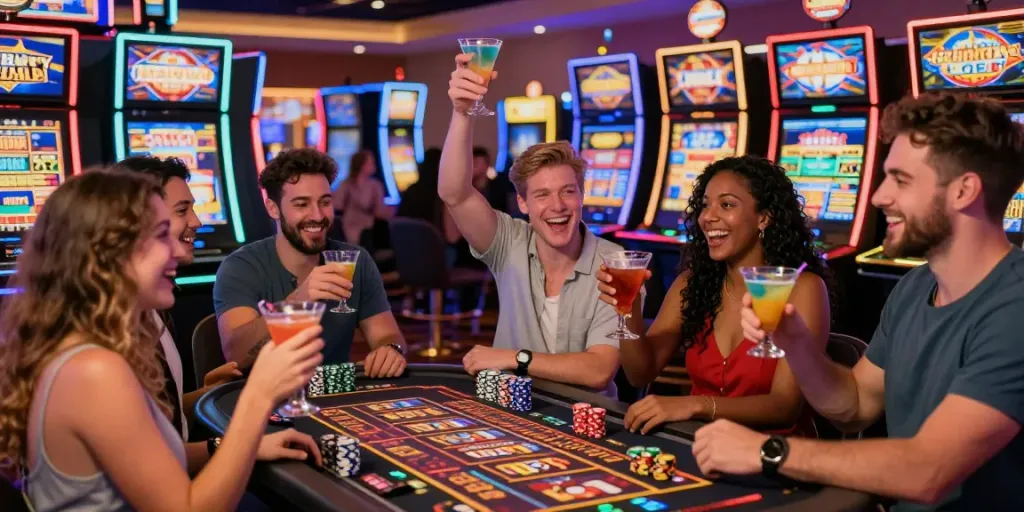 Friends enjoying a thrilling gaming experience at Lucky777 casino.