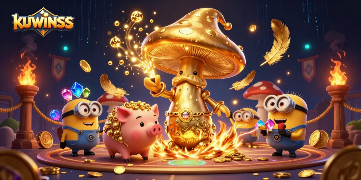 Kuwinss reveals gaming magic as golden wizard transforms elements, surrounded by treasures and vibrant casino ambiance.