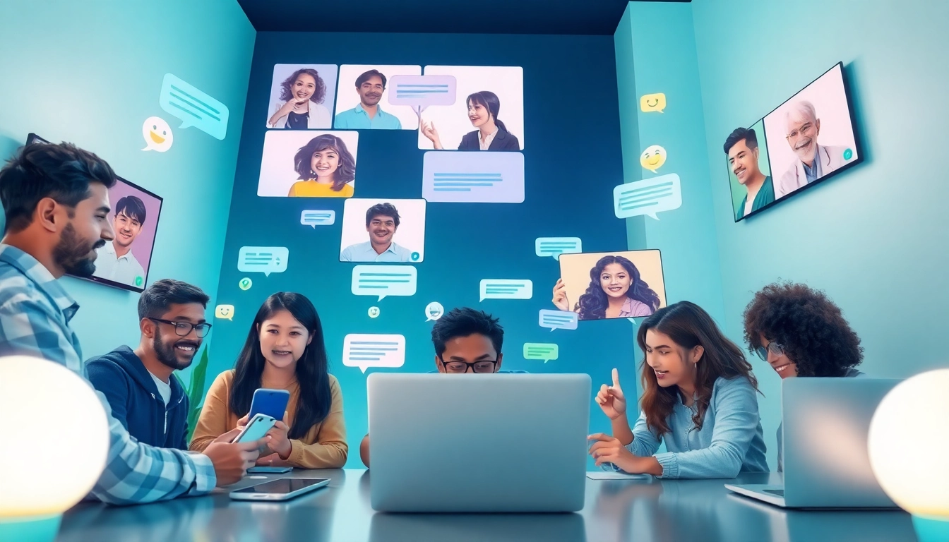 مشهد مجتمعي تفاعلي يعرض شات دردشتي مع مستخدمين متنوعين يتفاعلون عبر الإنترنت.