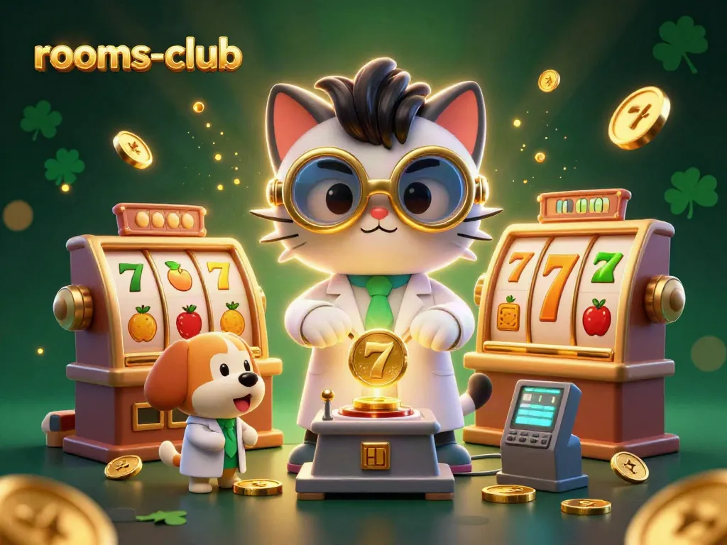 Ilustrasi 3D yang menampilkan rooms-club dengan mesin penyalin koin emas, simbol slot, dan kucing sebagai ilmuwan gila.