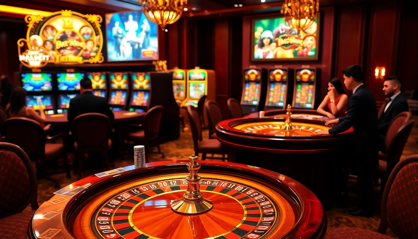 A lively gambling scene at nhà cái m88 featuring poker tables, slot machines, and excited players.