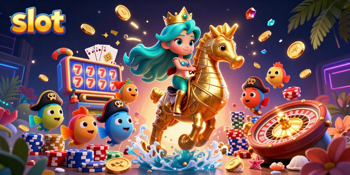 Spin vibrant slot reels with a magical mermaid and seahorse, surrounded by treasure and playful fish.